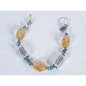 Vintage Sterling Silver 925 Citrine Turquoise Beaded Bracelet Boho 7.25" 26g